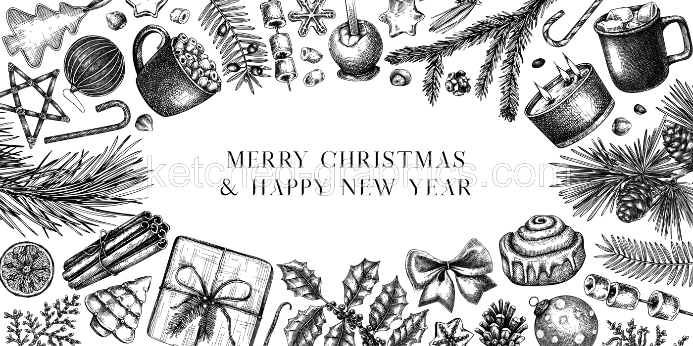 Vintage Christmas background. Popular holiday banner with winter decor, hot drinks, traditional sweets, and winter plants. Christmas decoration, greeting card or invitation design Illustration
